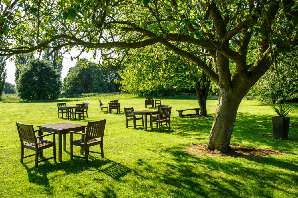 The gardens at Mercure York Fairfield Manor Hotel, benches, seating area under tree
