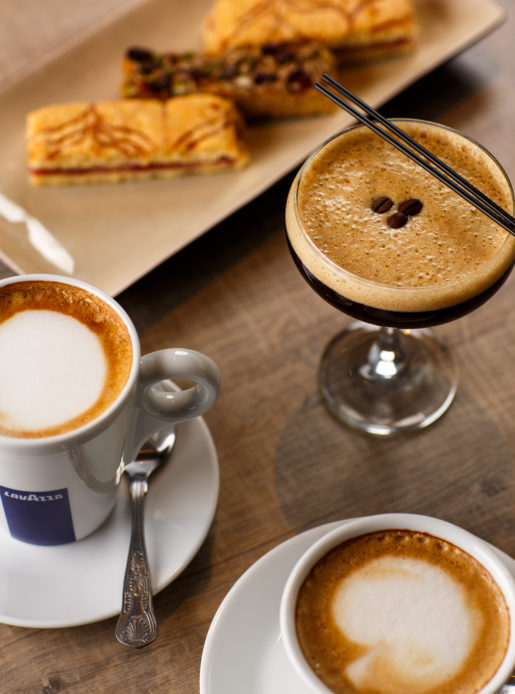 espresso martini with coffee and sweet treats